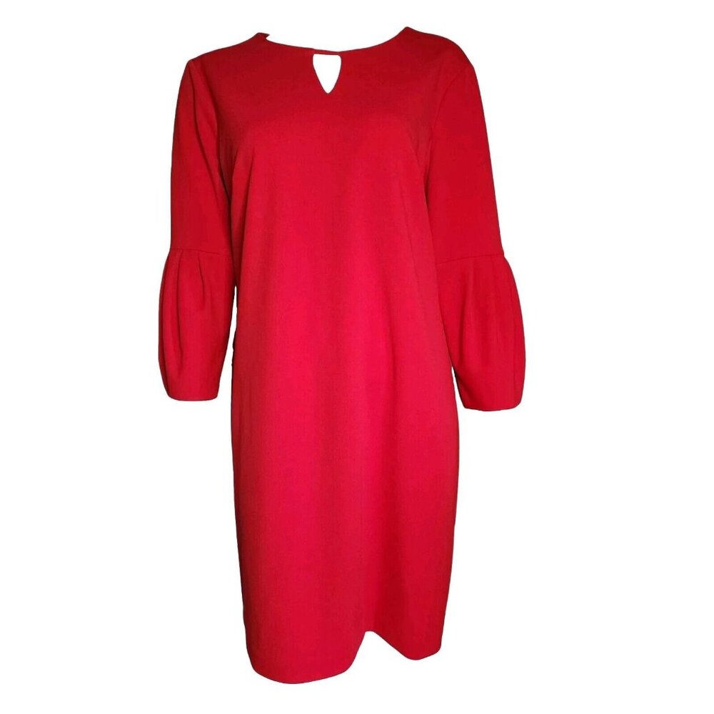 Maggy London Dress Womens Size 14‎ Solid Red Pullover Puff Sleeves Keyhole Neck
